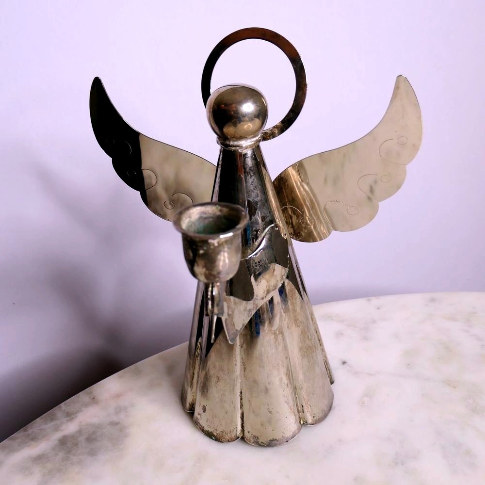 Vtg silverplated angel candleholder minimalist with halo retro silver tone